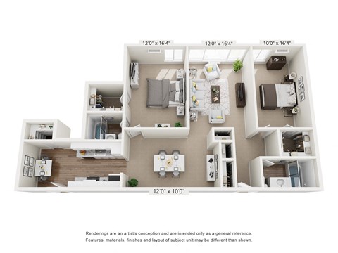 Floor plan for 2 beds, 2 baths, 1300 sqft